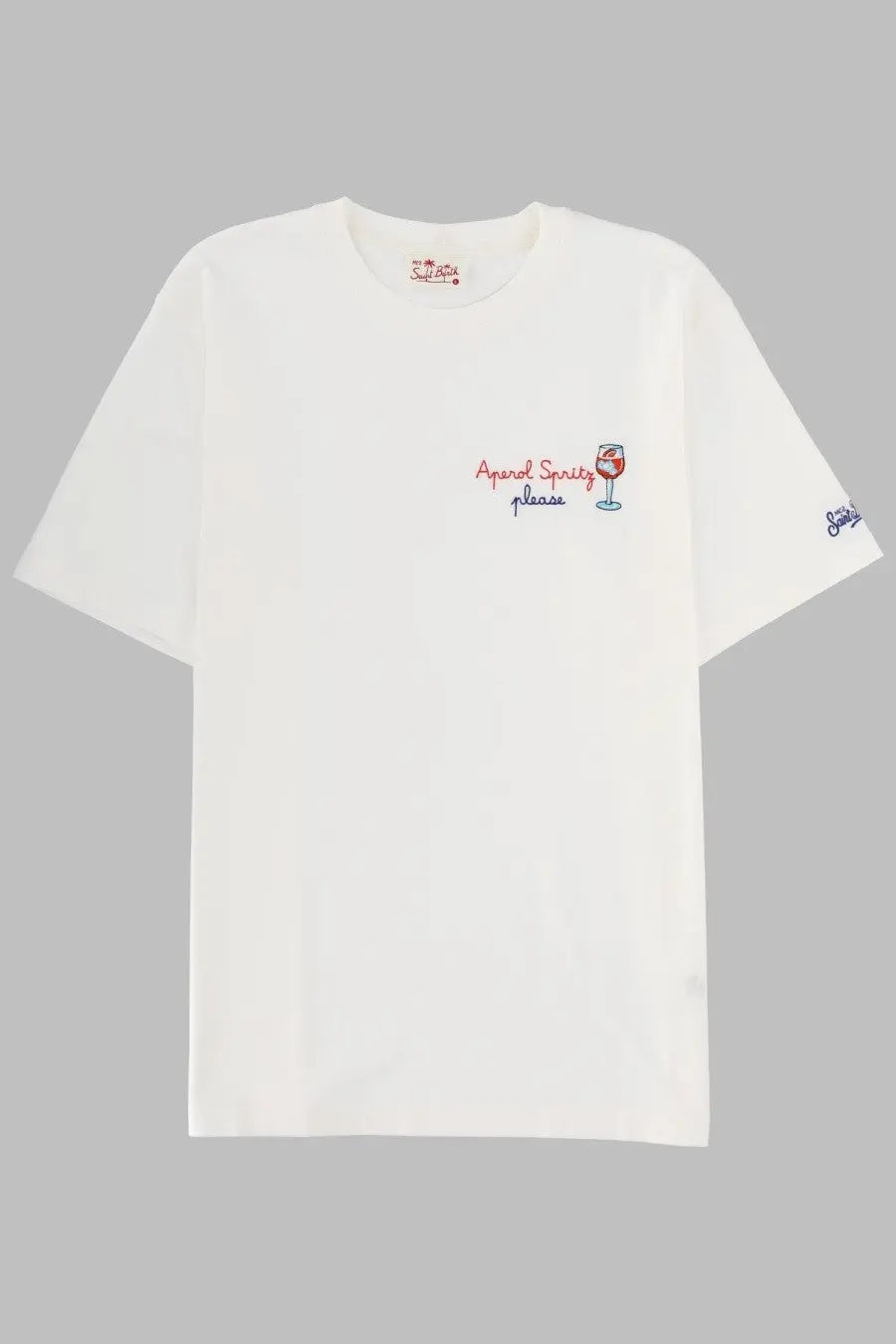 Mc2 Saint Barth men’s white cotton t-shirt with embroidered aperol spritz please text and wine glass graphic
