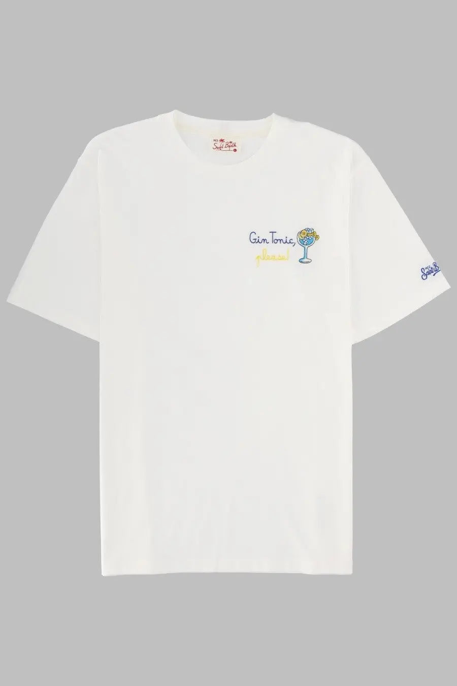 Mc2 saint barth men’s white cotton t-shirt with small embroidered gin tonics graphic in blue and yellow on chest