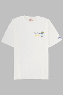 Mc2 saint barth men’s white cotton t-shirt with small embroidered gin tonics graphic in blue and yellow on chest