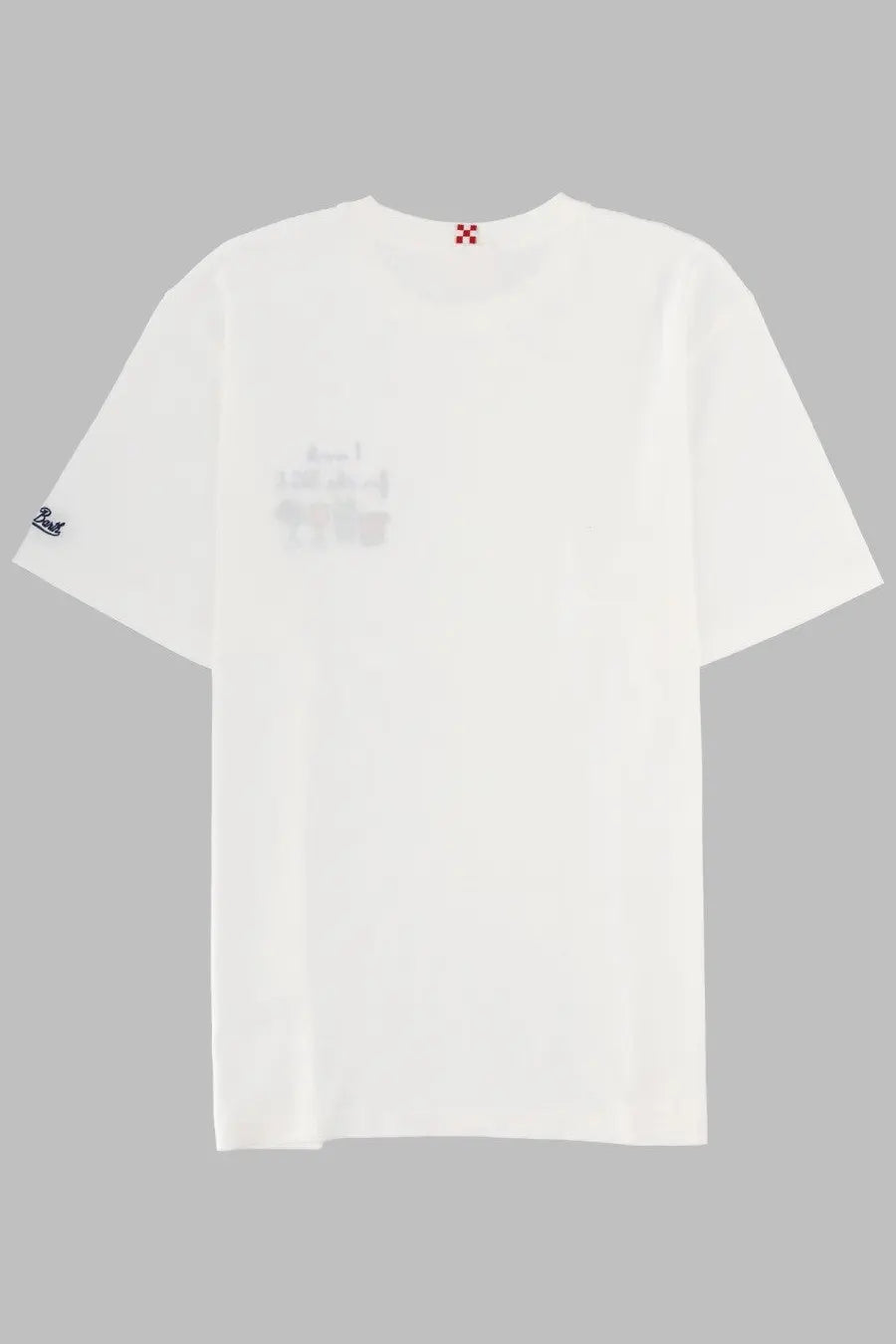 Mc2 Saint Barth men’s white cotton t-shirt with subtle faded chest graphic and small embroidered logo on left sleeve