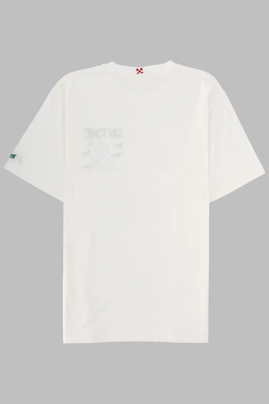 Mc2 Saint Barth men’s white cotton t-shirt with subtle faded graphic print and small embroidered logos on sleeve and collar