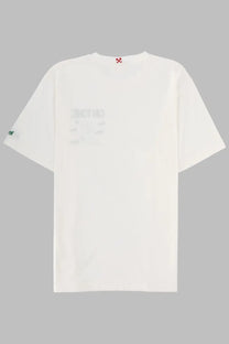Mc2 Saint Barth men’s white cotton t-shirt with subtle faded graphic print and small embroidered logos on sleeve and collar