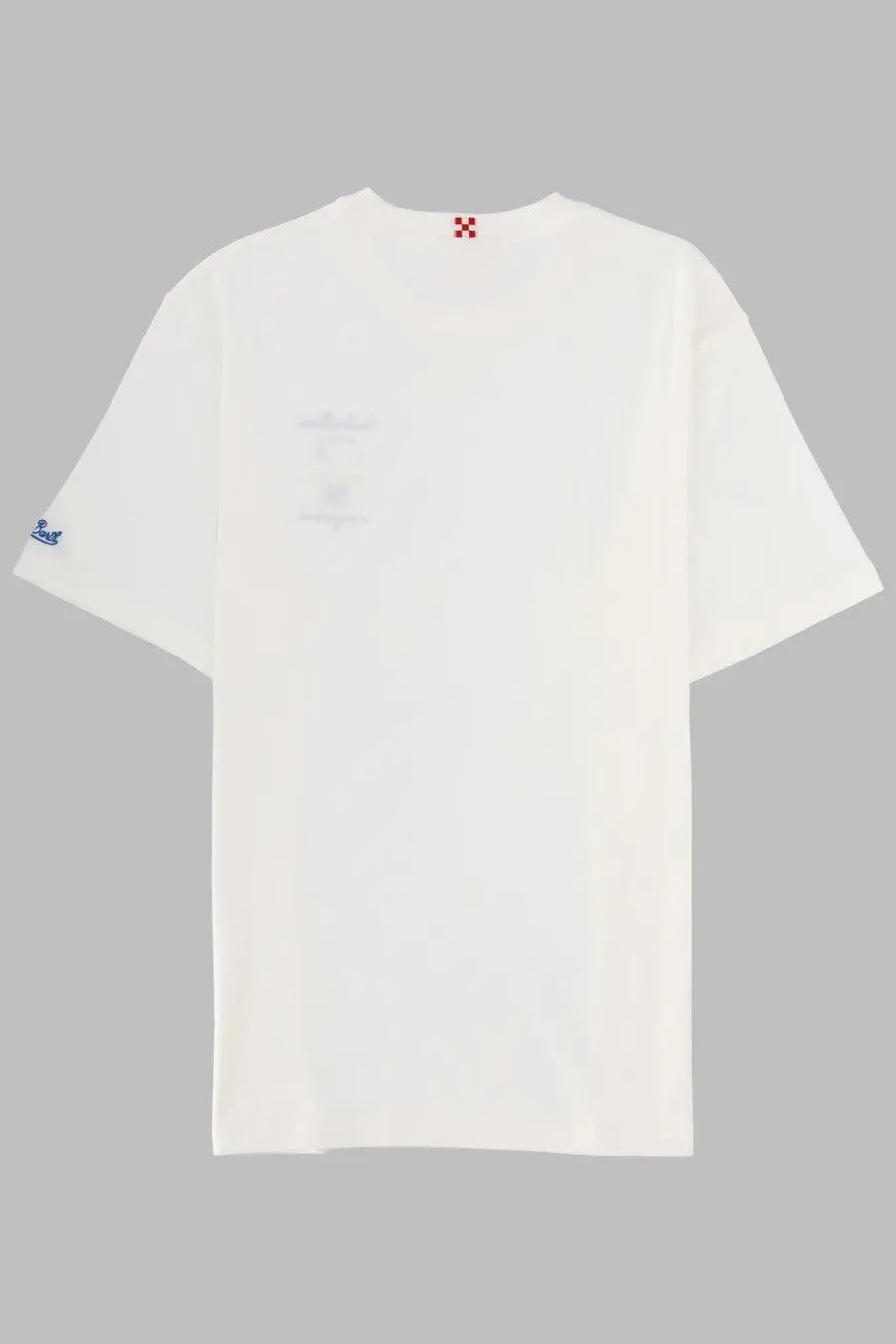 White cotton t-shirt by mc2 saint barth with subtle faded graphic and small red logo at neckline