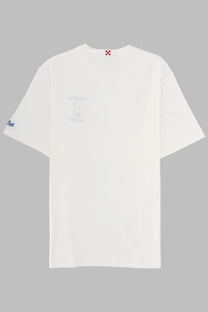 White cotton t-shirt by mc2 saint barth with subtle faded graphic and small red logo at neckline