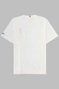Mc2 saint barth men’s white cotton t-shirt with subtle red and black logo details on collar and sleeve