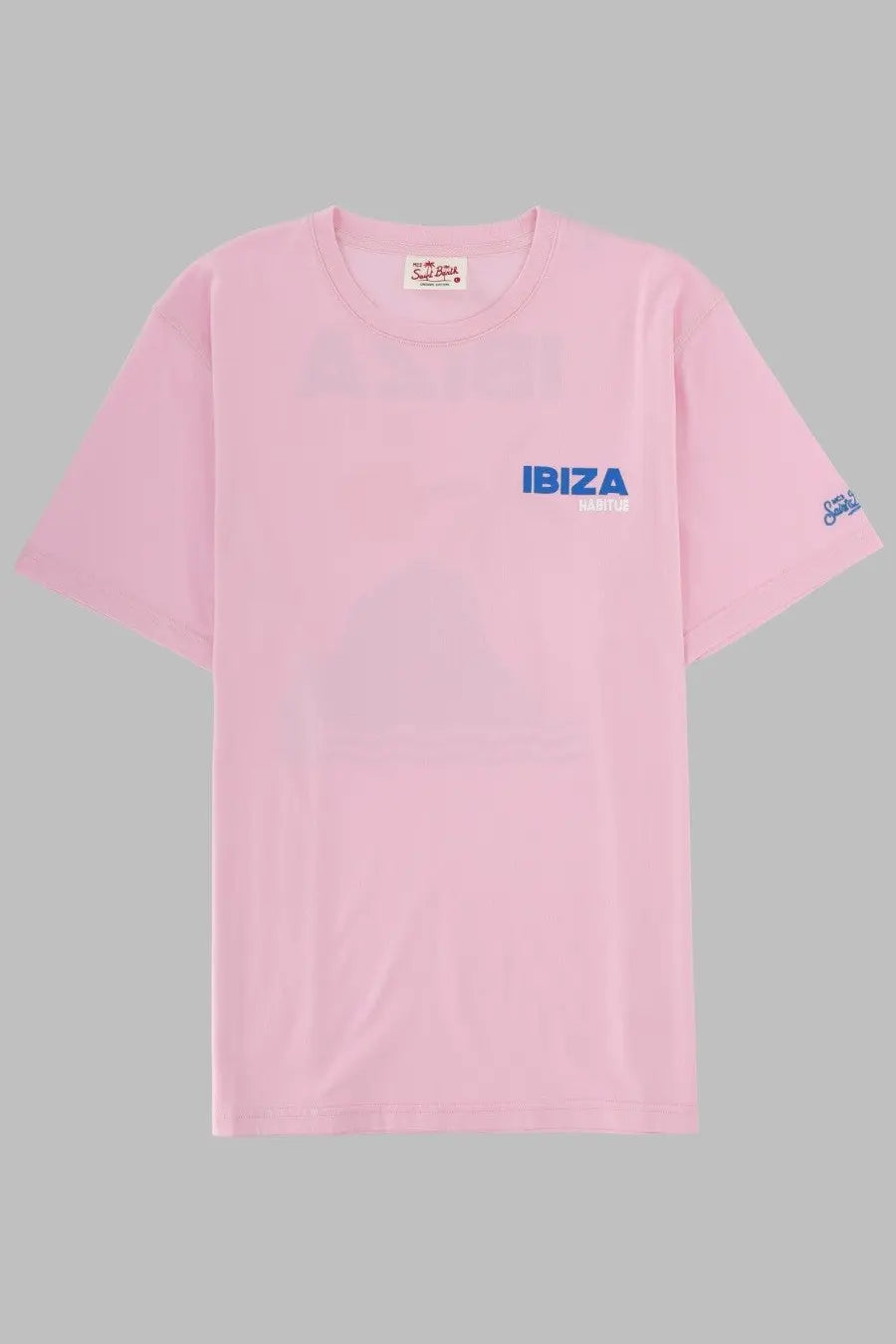 Mc2 Saint Barth men’s soft pink cotton t-shirt with bold blue ibiza logo on chest and matching sleeve emblem