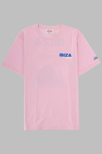Mc2 Saint Barth men’s soft pink cotton t-shirt with bold blue ibiza logo on chest and matching sleeve emblem