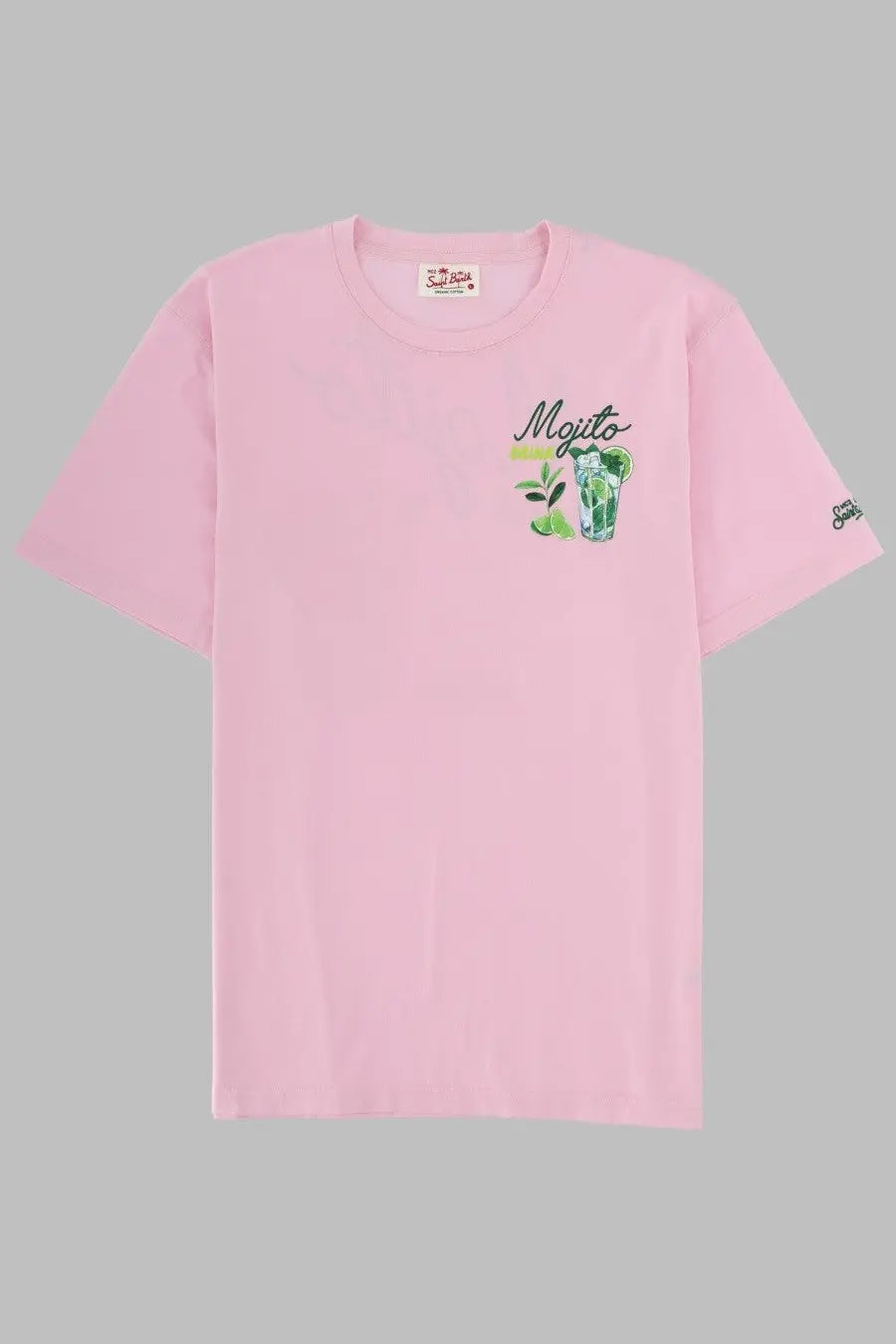 Mc2 Saint Barth men’s soft pink short-sleeved t-shirt with colorful mojito cocktail graphic on left chest