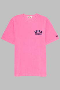 A vibrant pink Mc2 Saint Barth men’s short-sleeved t-shirt with ibiza resident navy blue print on the chest