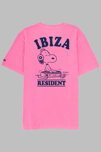 Mc2 Saint Barth men’s vibrant pink short-sleeved shirt with navy Snoopy DJ graphic and Ibiza resident text in blue
