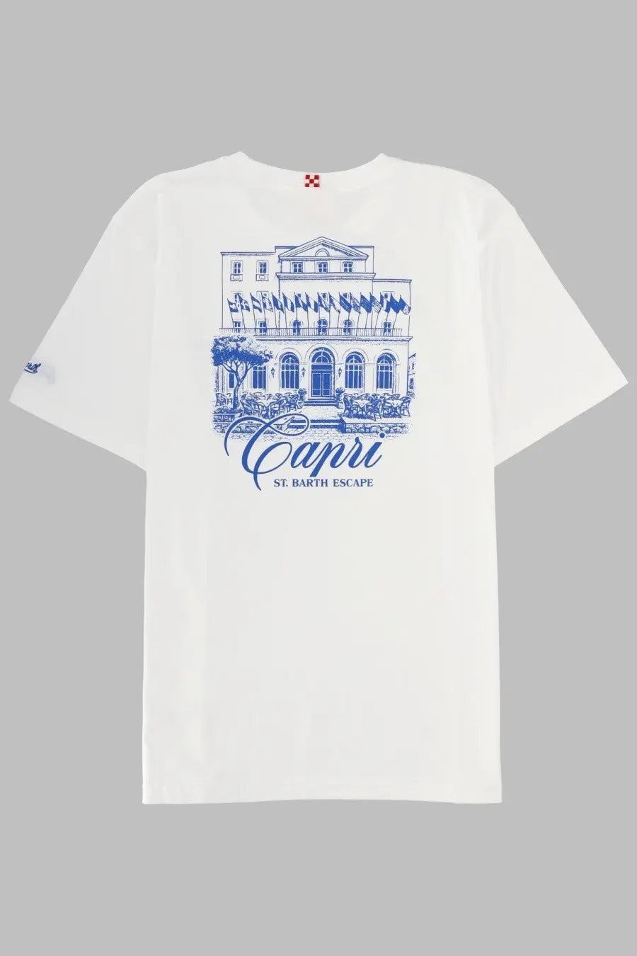 White cotton t-shirt with blue line-art grand building and flags and capri st text mc2 saint barth men’s shirt