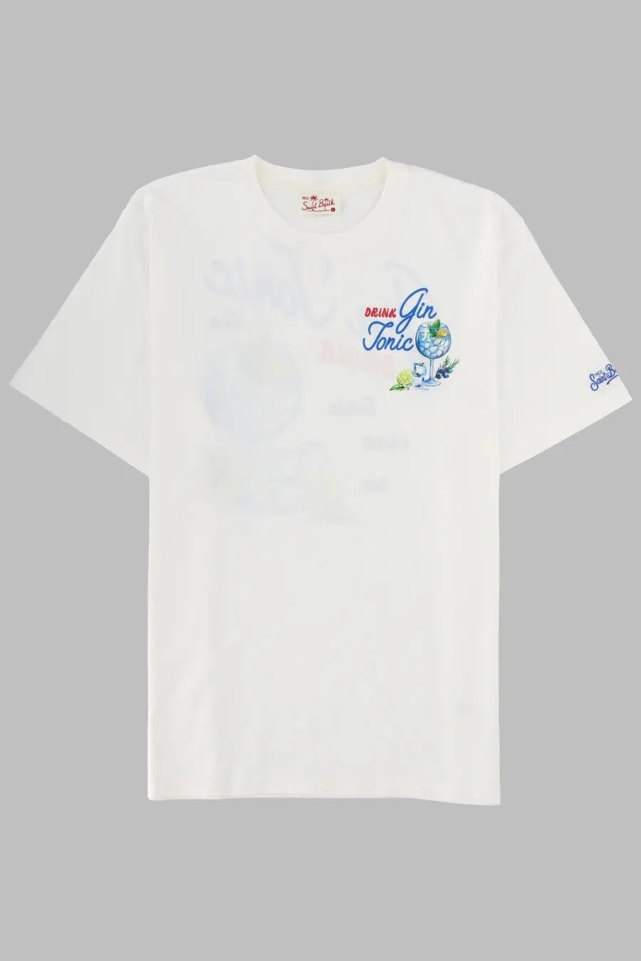 Mc2 Saint Barth men shirt white cotton t-shirt with blue and red drink gin tonic graphic on the chest