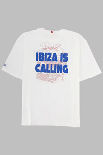 Mc2 Saint Barth men’s white cotton t-shirt with bold blue ibiza is calling graphic and pink airplane palm tree dj art