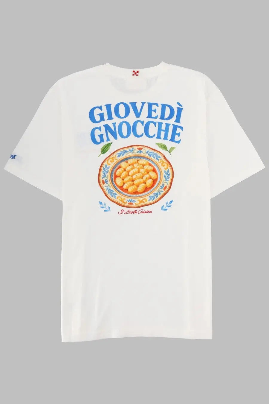 Mc2 Saint Barth men’s white cotton t-shirt with colorful gnocchi bowl illustration and giovedì gnocchi text