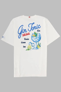 White cotton Mc2 Saint Barth men’s t-shirt with colorful gin tonic illustration and blue lettering on front