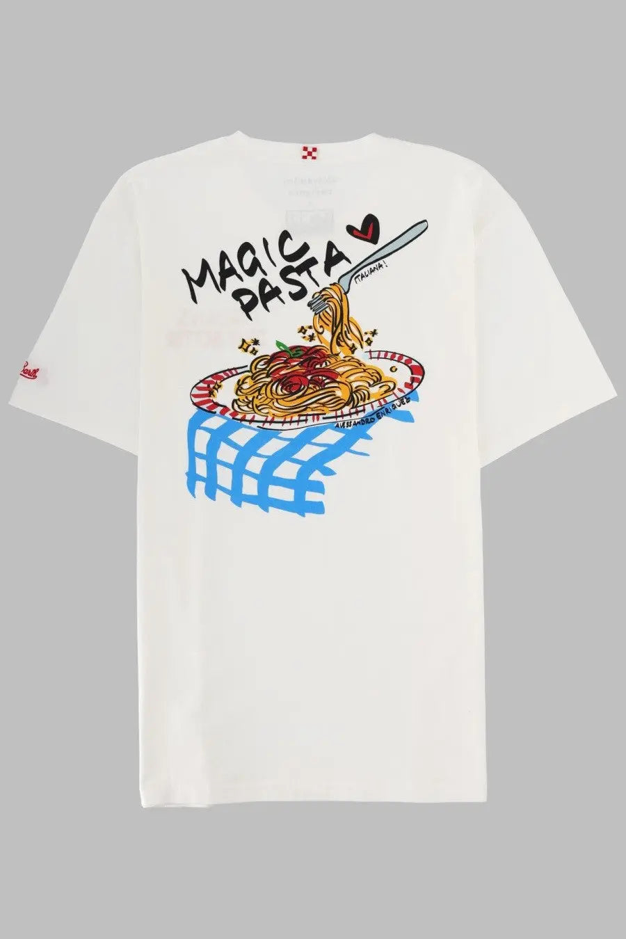 Mc2 Saint Barth men’s white cotton t-shirt featuring a colorful magic pasta graphic with spaghetti and tomato sauce