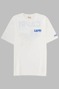 White cotton Mc2 Saint Barth men’s t-shirt with faded blue capri logo on chest and matching sleeve branding