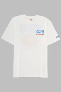 White cotton mens t shirt by mc2 saint barth with faded blue and red giovedi gnocchie graphic and abstract food design