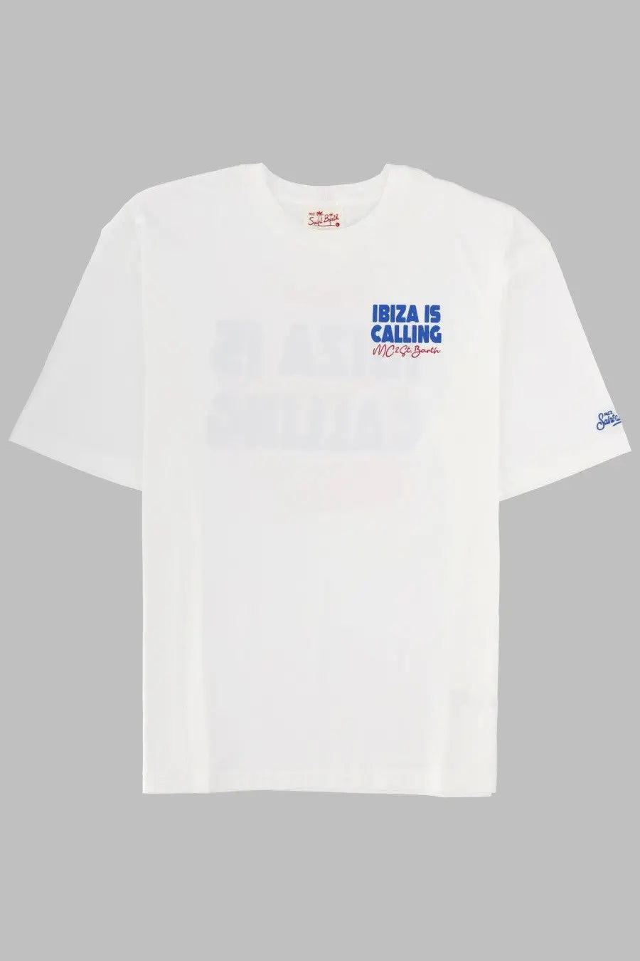 Mc2 Saint Barth men’s white cotton t-shirt with ibiza is calling print in blue and red on the chest