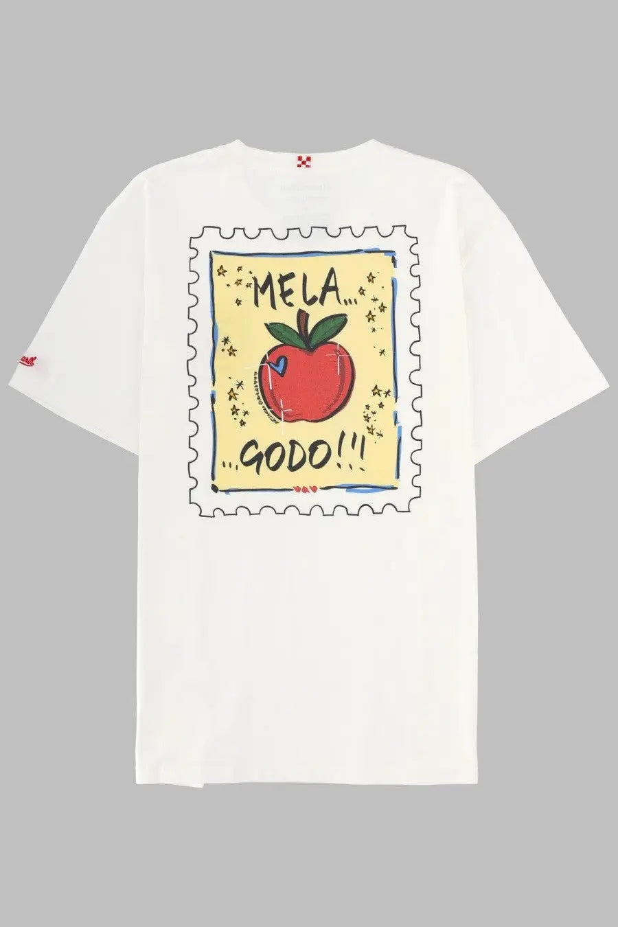 White cotton t-shirt with playful red apple stamp and mela text from mc2 saint barth men’s shirt con stampa white