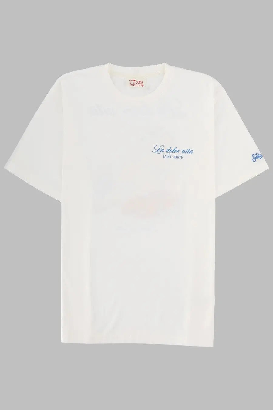 White cotton mc2 saint barth men’s t-shirt with blue la dolce vita and saint barth embroidery and small logo details