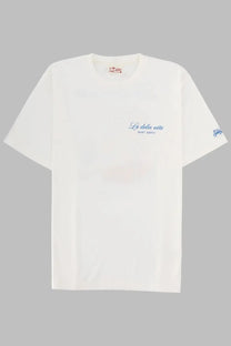 White cotton mc2 saint barth men’s t-shirt with blue la dolce vita and saint barth embroidery and small logo details