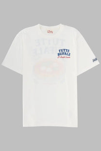 Mc2 Saint Barth men’s white cotton t-shirt with subtle faded graphic and blue tutte bufale text with red accents
