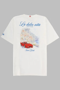 Mc2 Saint Barth men’s white cotton t-shirt with watercolor red Ferrari and coastal Italian village graphic