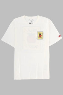Mc2 Saint Barth men’s white cotton t-shirt with yellow apple stamp graphic and mela gold text on chest