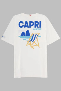 Mc2 Saint Barth men’s white short-sleeved t-shirt with blue and yellow Capri rock formations and CaprI habitue graphic
