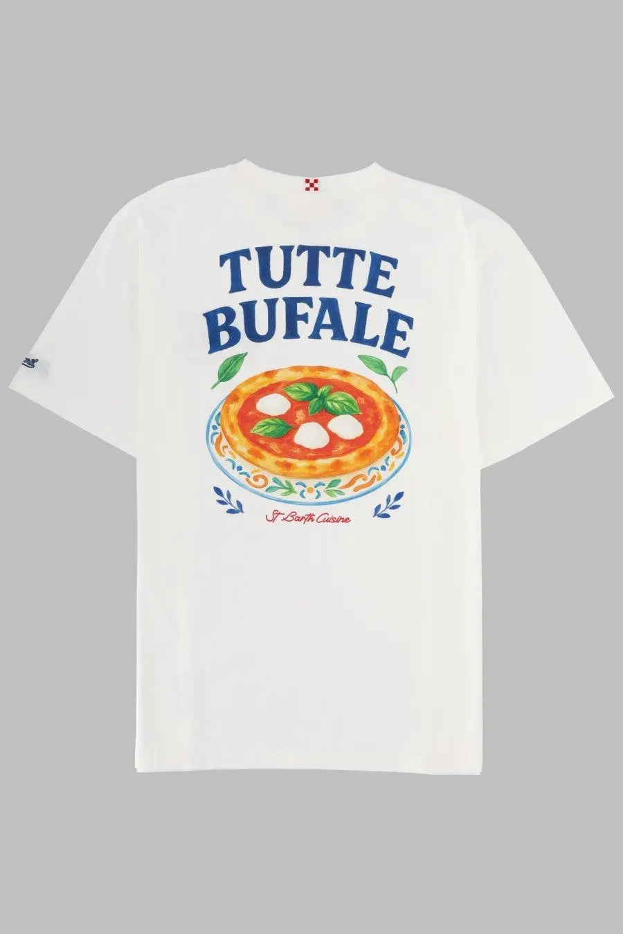 Mc2 Saint Barth men’s white short-sleeved shirt with colorful buffalo mozzarella pizza illustration and tutte bufalé text