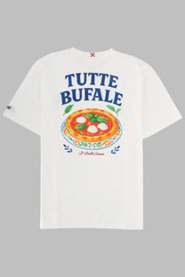 Mc2 Saint Barth men’s white short-sleeved shirt with colorful buffalo mozzarella pizza illustration and tutte bufalé text