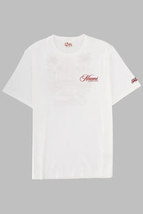 Mc2 Saint Barth men’s white short-sleeved shirt with red cursive Miami and faded chest graphic