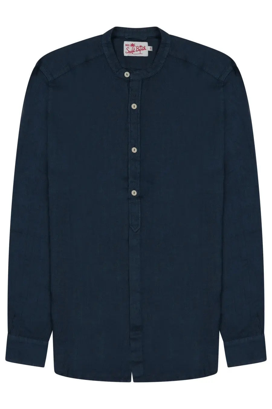 Navy blue Mc2 Saint Barth men’s long-sleeved button-up shirt with stand collar and light-colored buttons
