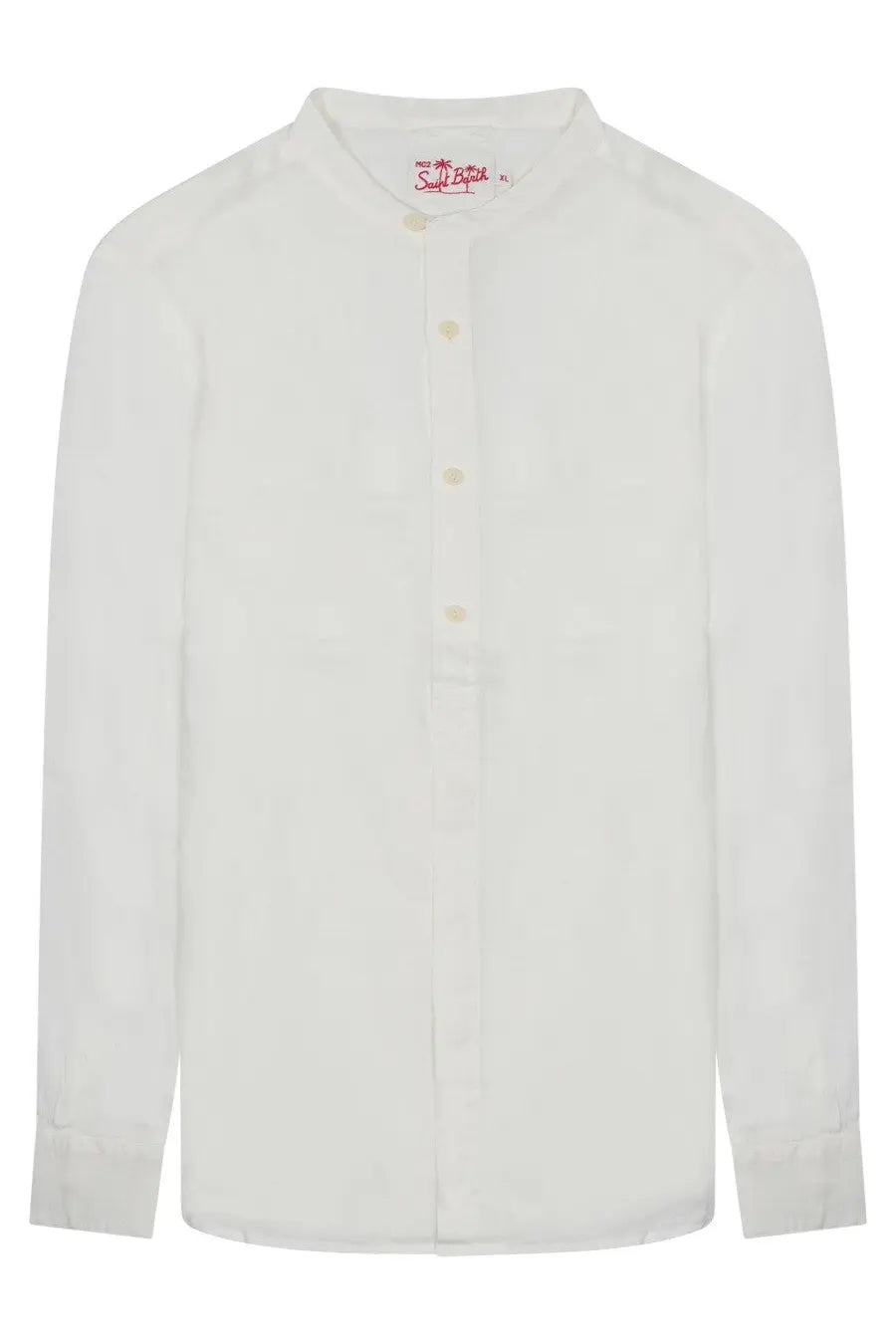 Mc2 Saint Barth men’s white long-sleeved button-up shirt with mandarin collar and red branding at neckline