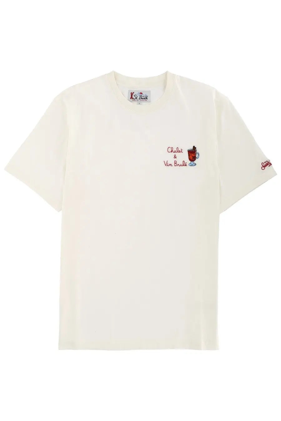 Cream-colored cotton Mc2 Saint Barth men’s t-shirt with red embroidered cocktail mug and chatel &amp; van brakle text on chest and sleeve