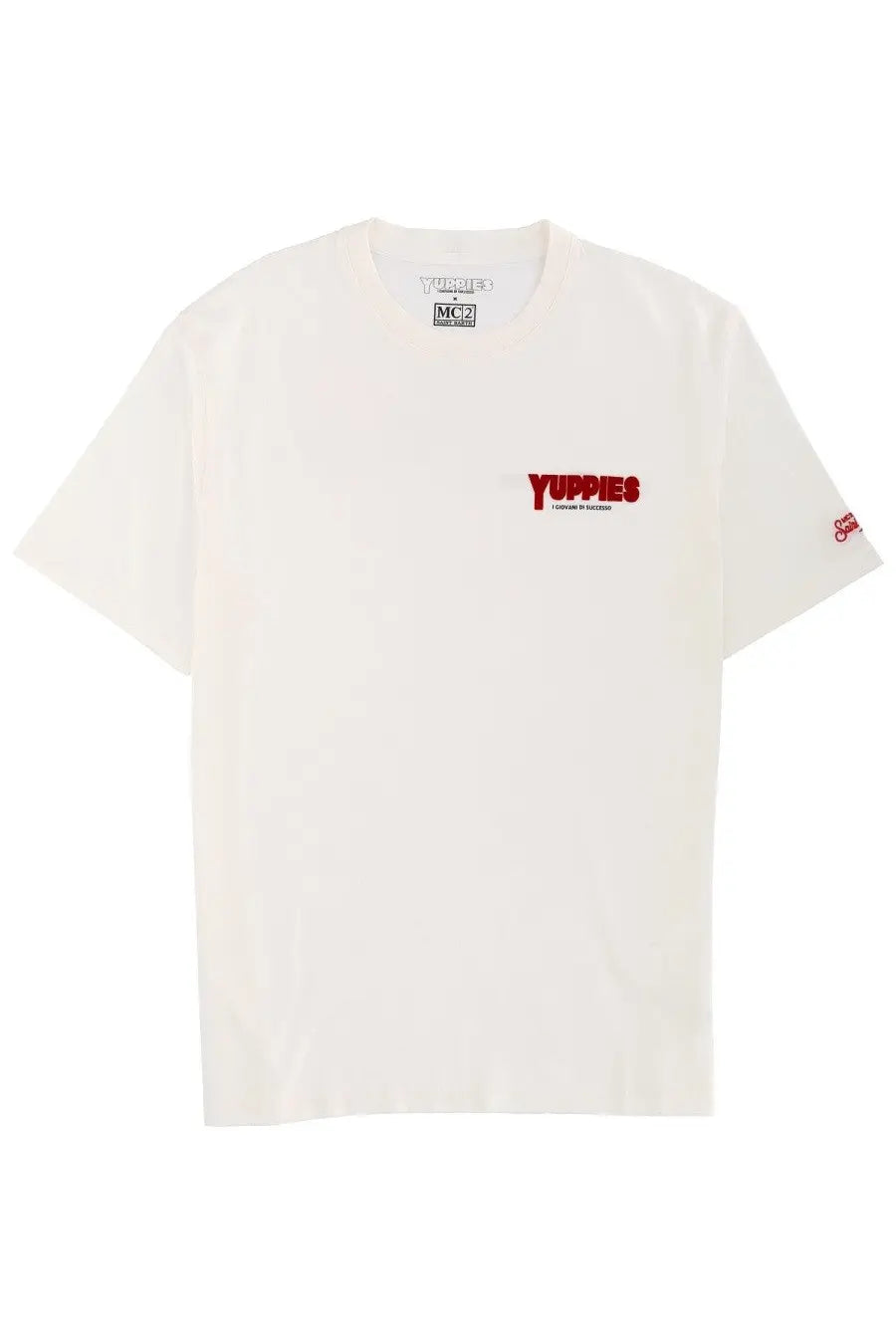 Mc2 Saint Barth men’s off-white short-sleeved t-shirt with red yuppies logo and subtle branding on chest