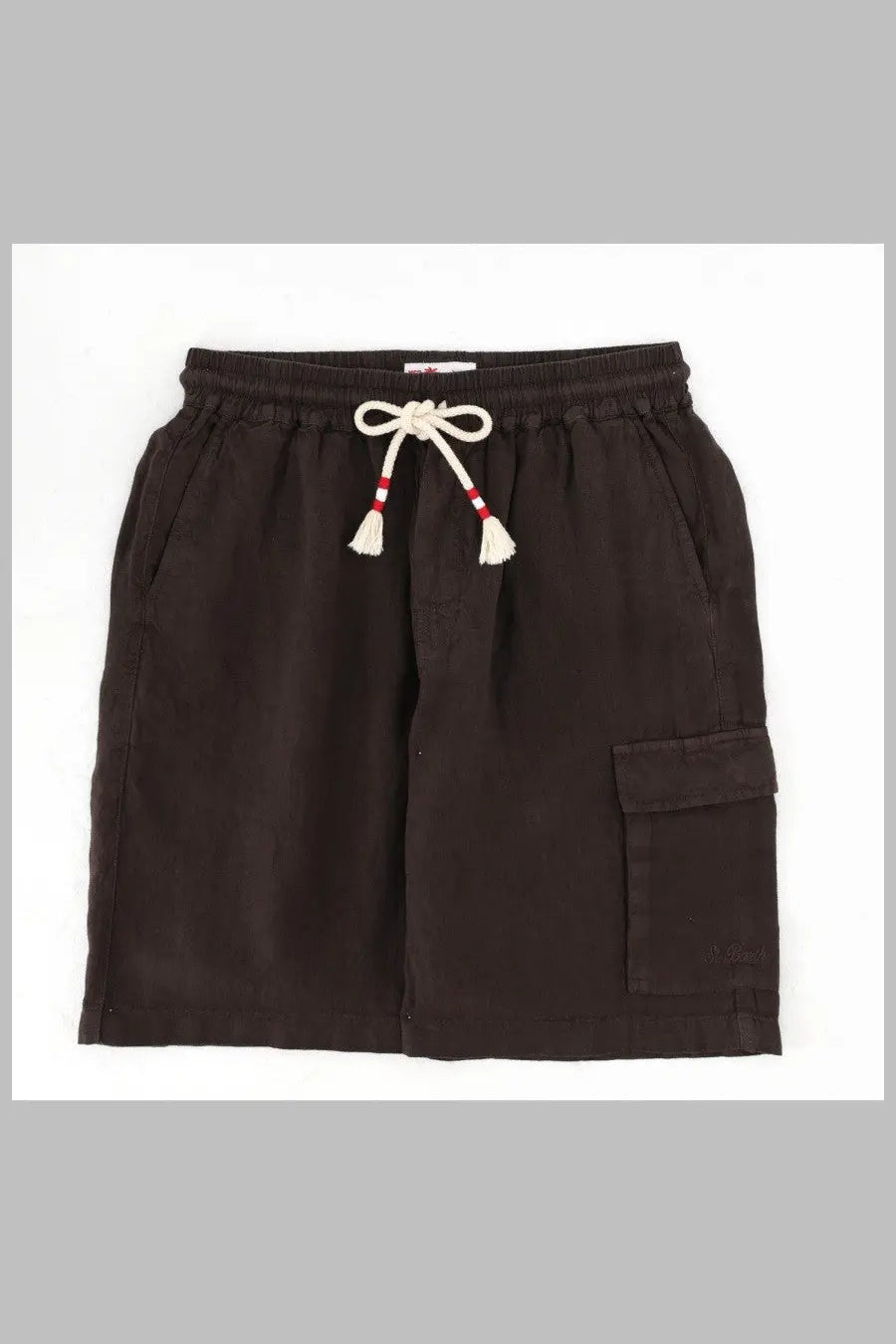 Black cargo shorts with white tassel drawstring and red accents from Mc2 Saint Barth men’s lino con coulisse brown collection