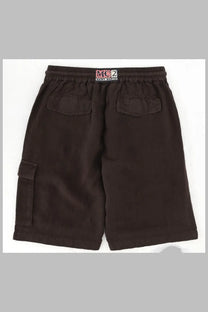 Back view of mc2 saint barth men’s dark brown linen cargo shorts with drawstring waistband and two back pockets