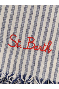 Mc2 Saint Barth men’s striped cotton beach towel in blue and white with red embroidered st detail