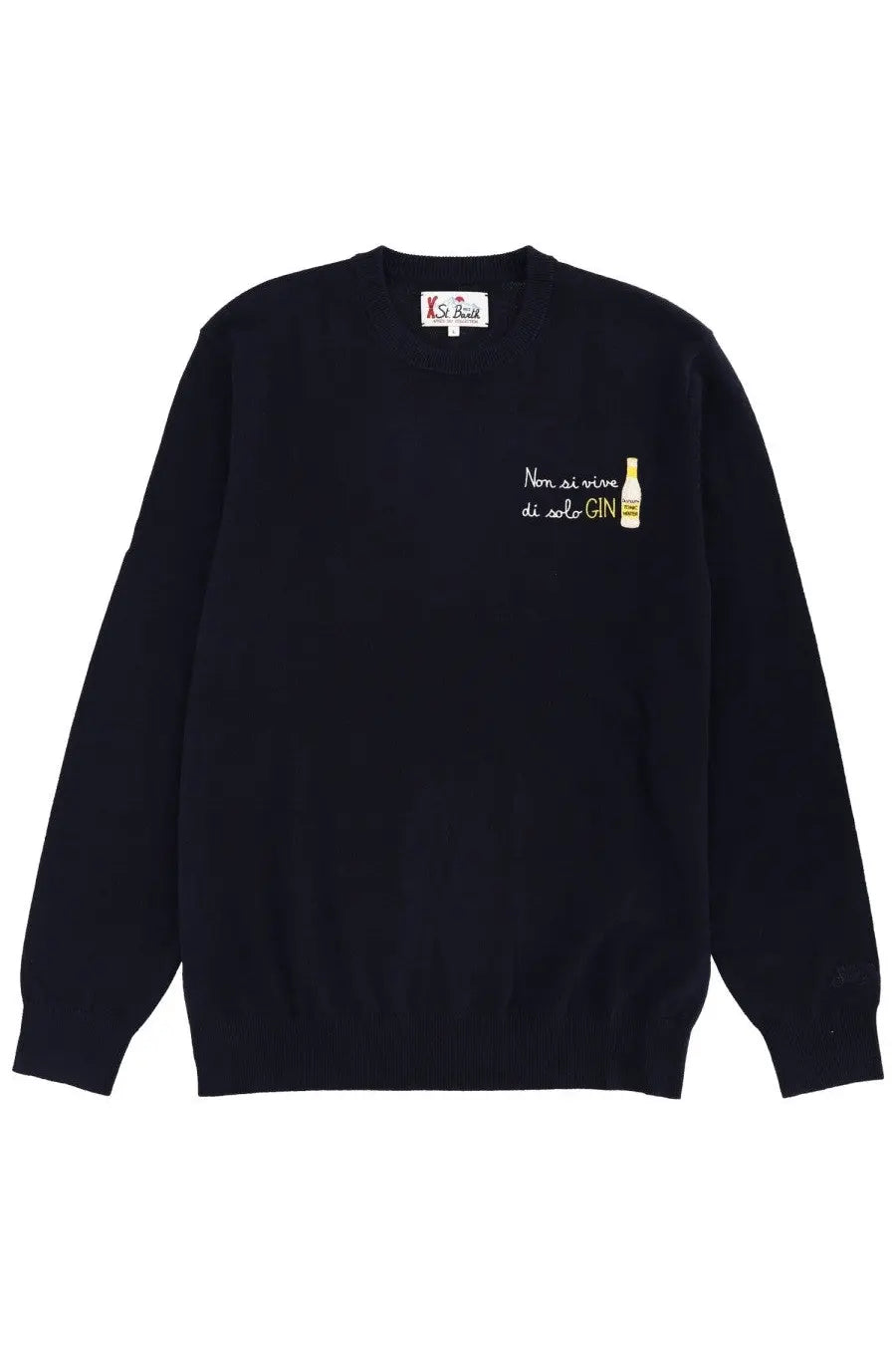 Black knit sweater by mc2 saint barth with embroidered gin bottle graphic on chest in blue color