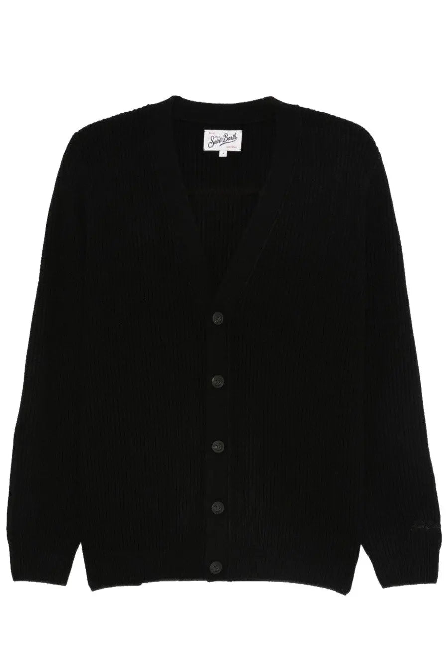 Black wool knit cardigan by Mc2 Saint Barth with a v-neck five dark buttons and subtle textured weave