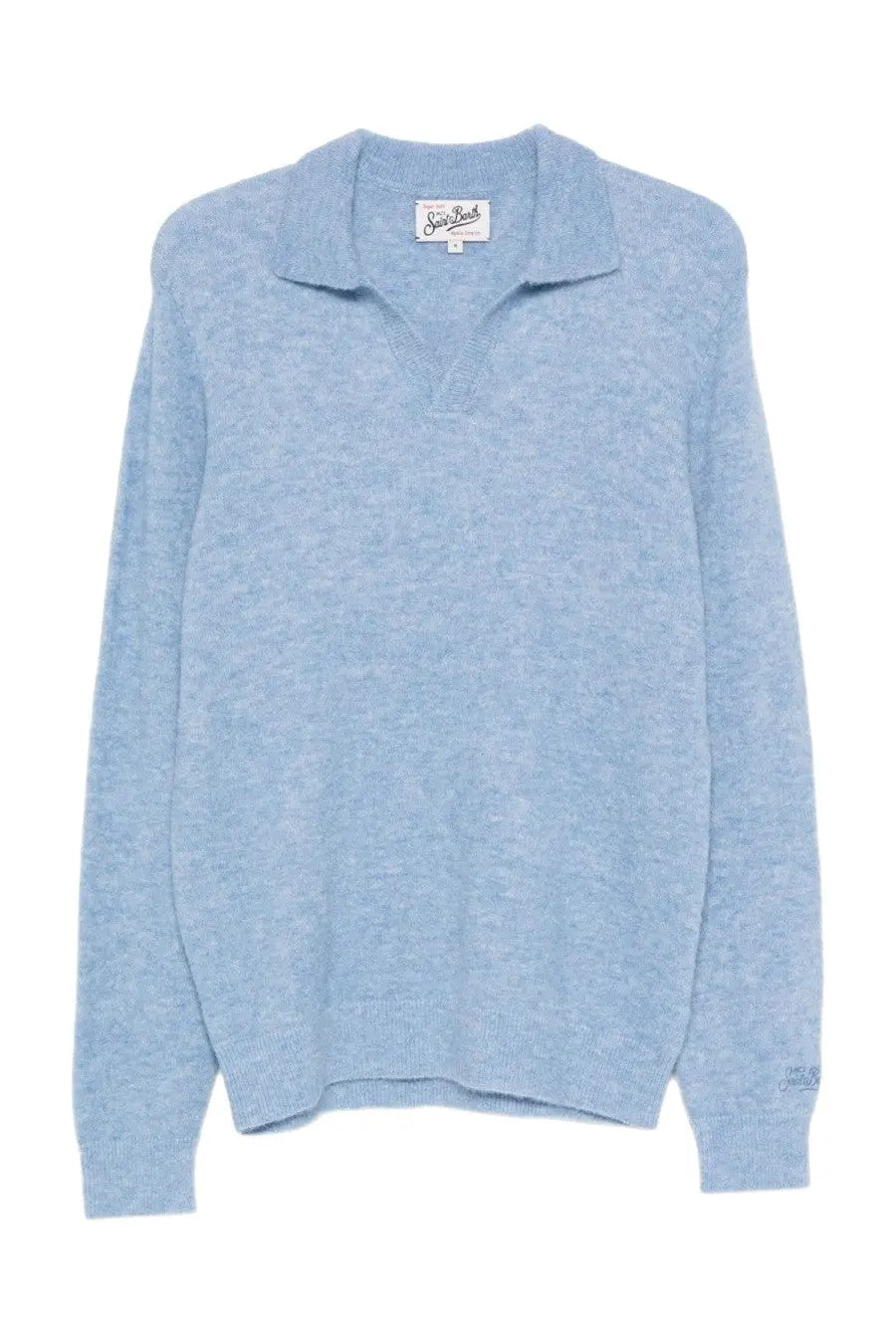 Mc2 Saint Barth men’s blue wool polo shirt with light blue heathered knit, textured weave, and small collar tag