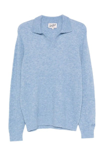 Mc2 Saint Barth men’s blue wool polo shirt with light blue heathered knit, textured weave, and small collar tag