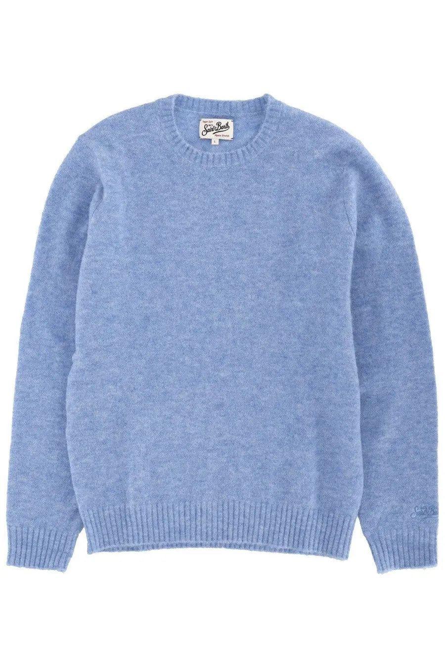 Mc2 Saint Barth men’s wool sweater in soft light blue heathered knit with classic crew neck and ribbed cuffs