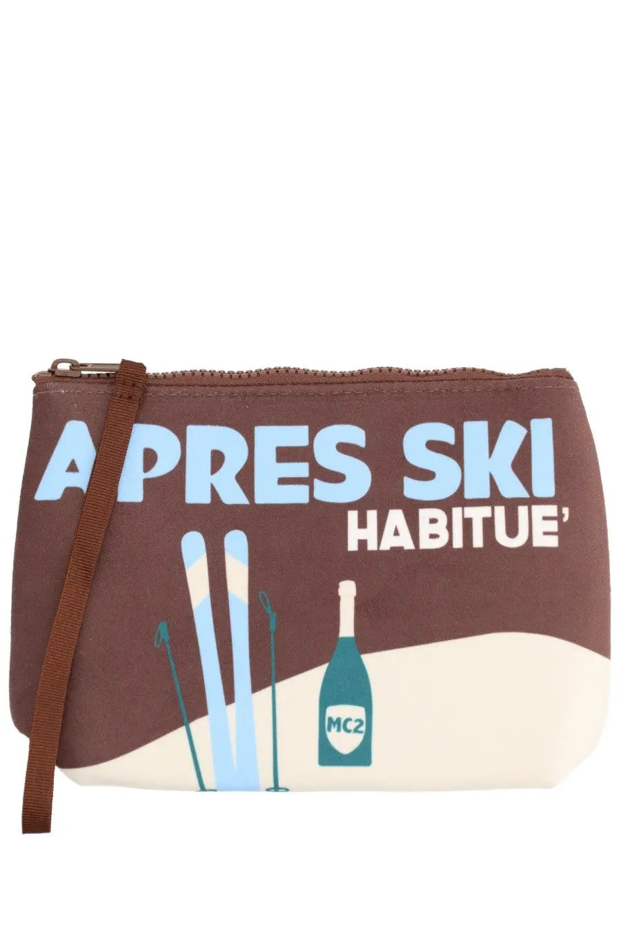 Brown fabric wristlet clutch bag by mc2 saint barth with apres ski habitue print and graphic of skis and champagne bottle