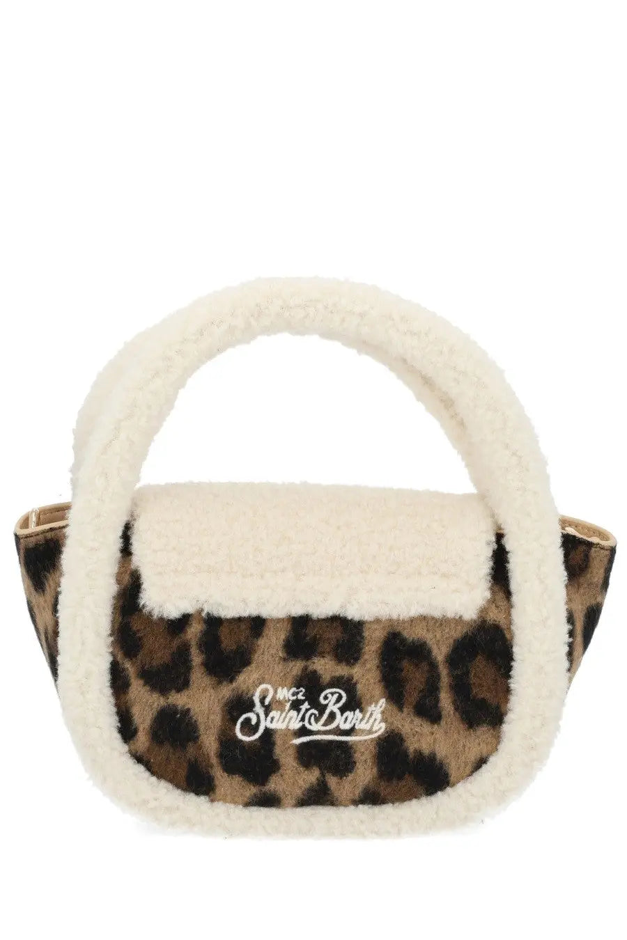 A cozy leopard print mutton pattern handbag with white shearling handle and saint barth logo embroidery
