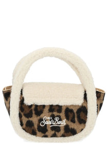 A cozy leopard print mutton pattern handbag with white shearling handle and saint barth logo embroidery