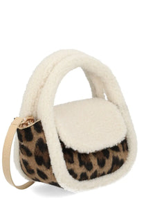 Mc2 Saint Barth women’s bag Gilda mutton pattern cozy round handbag with plush white faux fur and leopard print accents