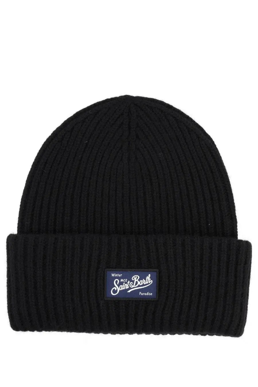 Black ribbed knit beanie with folded cuff and dark blue patch featuring white cursive text by Mc2 Saint Barth